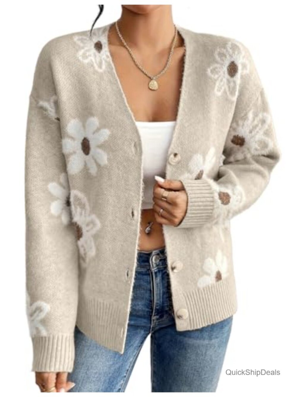 Womens Daisy Floral Sweater Cardigan Button Down Long Sleeve Knit